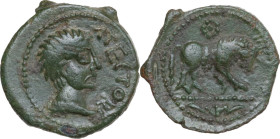 Celtic World. Central Gaul, Pictones. AR 15 mm., 1st century BC. Obv. ATECTORI. Male head right. Rev. Bull right; above, pearled wreath. Tache 3722; S...