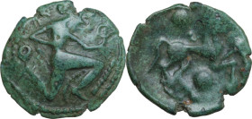 Celtic World. Belgic Gaul. Veliocassi or Bellovaci. AE 19.5 mm, c. 55-30 BC. Obv. Nude man, kneeling to right, with right arm extended to left, small ...