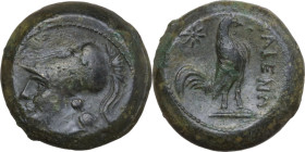 Greek Italy. Samnium, Southern Latium and Northern Campania, Cales. AE 18 mm. c. 265-240 BC. Obv. Helmeted head of Athena left. Rev. CALENO. Rooster s...