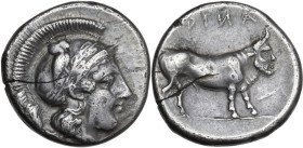 Greek Italy. Central and Southern Campania, Hyria or Nola. AR Nomos, c. 400-395 BC. Obv. Helmeted head of Athena right, owl on helmet. Rev. Oscan ethn...