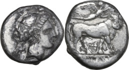 Greek Italy. Central and Southern Campania, Neapolis. Fourreè (?) Didrachm, c. 300-275 BC. Obv. Head of nymph right; behind neck, Artemis holding two ...