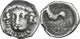 Greek Italy. Central and Southern Campania, Phistelia. AR Obol, 325-275 BC. Obv. Female head facing slightly left. Rev. Lion advancing left; in exergu...