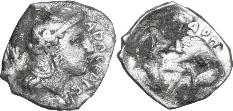 Greek Italy. Northern Apulia, Arpi. AR Diobol, c. 325-275 BC. Obv. APΠ CEΠTI. He...