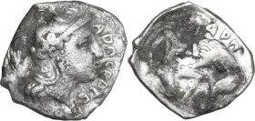 Greek Italy. Northern Apulia, Arpi. AR Diobol, c. 325-275 BC. Obv. APΠ CEΠTI. Head of Athena right, wearing Attic helmet decorated with hippocamp; Δ o...