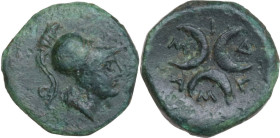 Greek Italy. Southern Apulia, Samadion. AE 13.5 mm, 200-150 BC. Obv. Helmeted head of Athena right. Rev. Three crescents; around, ΣAMAΔI. HN Italy 821...