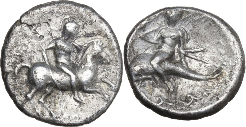 Greek Italy. Southern Apulia, Tarentum. AR Nomos, 340-332 BC. Obv. Horseman righ...
