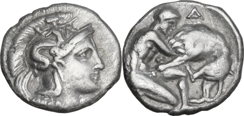 Greek Italy. Southern Apulia, Tarentum. AR Diobol, c. 325-280 BC. Obv. Head of A...