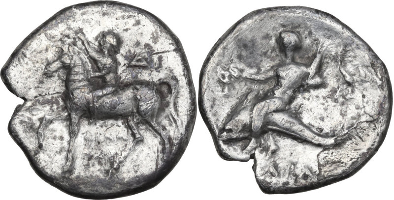 Greek Italy. Southern Apulia, Tarentum. AR Nomos, 272-240 BC. Obv. Horseman left...