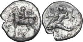 Greek Italy. Southern Apulia, Tarentum. AR Nomos, 272-240 BC. Obv. Horseman left, crowning horse; behind, ΔΙ. Rev. Phalanthos riding on dolphin left, ...