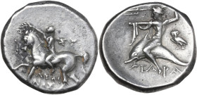 Greek Italy. Southern Apulia, Tarentum. AR Nomos, c. 272-240 BC. Sy- and Lykinos, magistrates. Obv. Youth on horseback left, crowning horse; behind, Σ...
