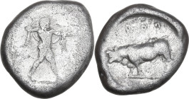 Greek Italy. Lucania, Poseidonia-Paestum. AR Stater, 445-420 BC. Obv. Poseidon striding right, chlamys hanging from shoulders, brandishing trident. Re...