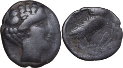 Greek Italy. Northern Lucania, Velia. AR Drachm, 440-400 BC. Obv. Head of nymph right, with hair arranged in set waves. Rev. YEΛH. Owl with wings clos...