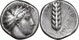 Greek Italy. Southern Lucania, Metapontum. AR Stater, 430-400 BC. Obv. Head of Demeter right. Rev. Ear of barely, leaf on left side. HN Italy 1507; HG...