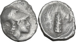 Greek Italy. Southern Lucania, Metapontum. AR Diobol, 325-275 BC. Obv. Helmeted head of Athena right. Rev. Ear of barley; to right, cornucopiae. Cf. H...