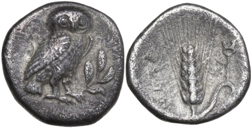 Greek Italy. Southern Lucania, Metapontum. AR Drachm, c. 325-275 BC. Obv. Owl st...