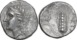 Greek Italy. Southern Lucania, Metapontum. AR Stater, c. 280 BC. Obv. Head of Demeter left, wearing wreath of grain. Rev. Barley ear with leaf to left...