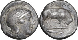 Greek Italy. Southern Lucania, Thurium. AR Didrachm, c. 443-400 BC. Obv. Head of Athena right, wearing Attic helmet decorated with laurel branch. Rev....