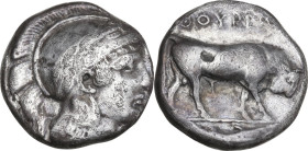 Greek Italy. Southern Lucania, Thurium. AR Stater, 443-400 BC. Obv. Head of Athena right, wearing helmet decorated with wreath. Rev. Bull standing rig...