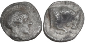 Greek Italy. Southern Lucania, Thurium. AR Diobol, 443-400 BC. Obv. Helmeted head of Athena right. Rev. ΘΟΥ. Forepart of bull right, head facing. HN I...