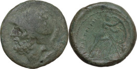 Greek Italy. Bruttium, The Brettii. AE Double unit, 211-208 BC. Obv. Helmeted head of Ares left. Rev. Athena moving right, holding large shield with b...