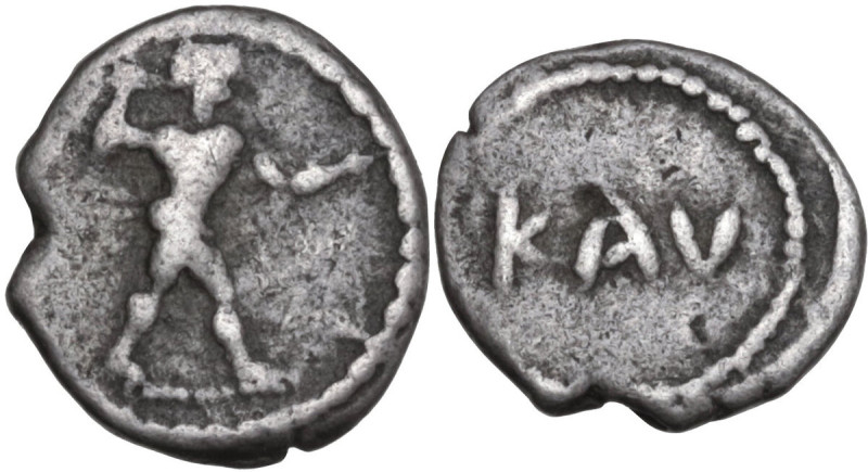 Greek Italy. Bruttium, Kaulonia. AR Triobol, c. 500-480 BC. Obv. Apollo advandin...