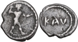 Greek Italy. Bruttium, Kaulonia. AR Triobol, c. 500-480 BC. Obv. Apollo advanding right, brandiscing laurel branch. Rev. KAV, within dotted border. HN...
