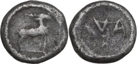 Greek Italy. Bruttium, Kaulonia. AR Triobol, c. 500-480 BC. Obv. Stag standing right. Rev. ΛVA. HN Italy 2041; SNG ANS 860; Noe, Caulonia –; Garrucci ...