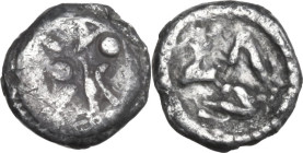 Greek Italy. Bruttium, Kaulonia. AR Diobol(?). 4th century BC. Obv. Triskeles. Rev. ΚΑYΛ. Cf. HN Italy 2042 (var. on reverse); SNG ANS -; Noe, Cauloni...