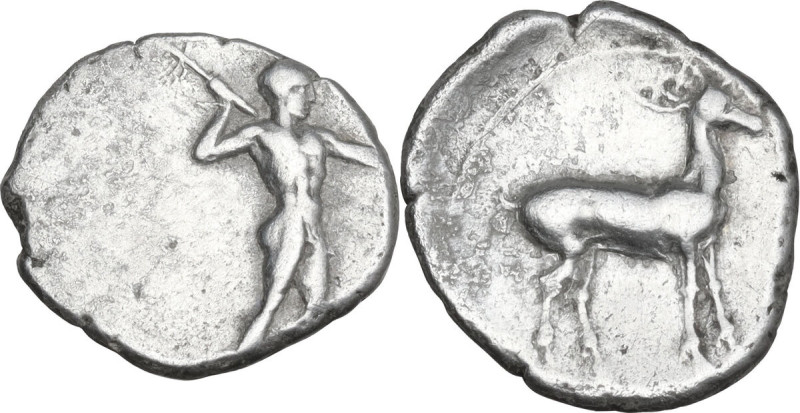 Greek Italy. Bruttium, Kaulonia. AR Drachm, 400-388 BC. Obv. Apollo advancing ri...