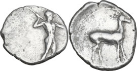 Greek Italy. Bruttium, Kaulonia. AR Drachm, 400-388 BC. Obv. Apollo advancing right and brandishing branch. Rev. Stag standing right. HN Italy 2064; H...