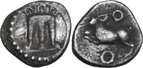 Greek Italy. Bruttium, Kroton. AR Diobol, c. 525-425 BC. Obv. Tripod. Rev. Hare running left; annulet above and below. HN Italy 2133 var. (hare right)...