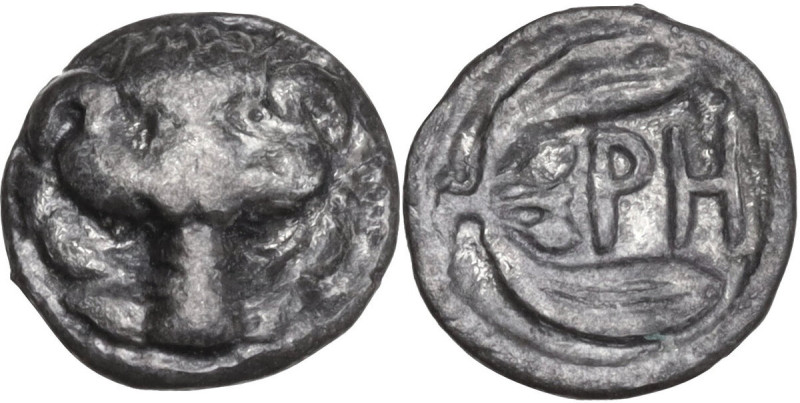 Greek Italy. Bruttium, Rhegion. AR Litra, 425-420 BC. Obv. Lion-mask. Rev. PH wi...