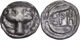 Greek Italy. Bruttium, Rhegion. AR Litra, 425-420 BC. Obv. Lion-mask. Rev. PH within two-leaved olive spray. HN Italy 2492; HGC 1 1653. AR. 0.66 g. 9....