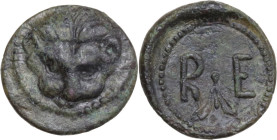 Greek Italy. Bruttium, Rhegion. AE Onkia, c. 450-425 BC. Obv. Lion mask facing. Rev. R-E; sprig of leaves between. HN Italy 2517; SNG ANS 678-679. AE....