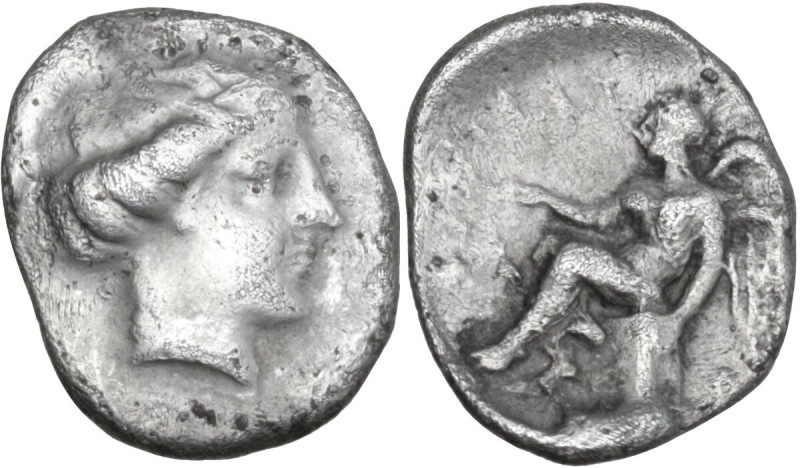 Greek Italy. Bruttium, Terina. AR Triobol, 400-356 BC. Obv. Head of nymph Terina...