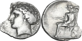 Greek Italy. Bruttium, Terina. AR Drachm, 299-289 BC. Obv. Head of nymph Terina left; behind, triskeles. Rev. Nike seated left in plinth, holding bird...