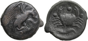 Sicily. Akragas. AE Tetras, c. 425-410 BC. Obv. Eagle on serpent right. Rev. Crab surrounded by three pellets; below, crayfish. CNS I 58; HGC 2 140. A...