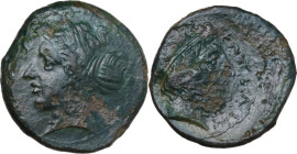 Sicily. Entella. AE Hemilitron(?). Elymian issues, c. 425-404 BC. Obv. Female head left, wearing sphendone. Rev. Bearded male head to right, wearing t...