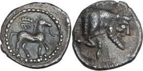 Sicily. Gela. AR Litra, 465-450 BC. Obv. Bridled horse standing right; above, wreath. Rev. Forepart of man-headed bull right. HGC 2 373. AR. 0.71 g. 1...