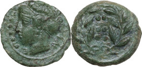 Sicily. Himera. AE Hemiltron, c. 415-409 BC. Obv. Head of nymph left; before, six pellets; behind, IM. Rev. Six pellets within wreath. HGC 2 479; CNS ...