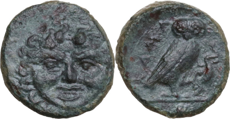 Sicily. Kamarina. AE Onkia, 425-405 BC. Obv. Gorgoneion facing. Rev. Owl standin...