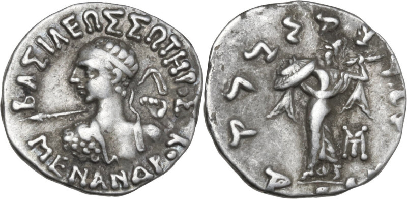 Greek Asia. Baktria, Indo-Greek Kingdoms. Menander I Soter (155-130 BC). AR Drac...
