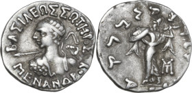 Greek Asia. Baktria, Indo-Greek Kingdoms. Menander I Soter (155-130 BC). AR Drachm. Obv. ΒΑΣΙΛΕΩΣ ΣΩΤΗΡΟΣ / ΜΕΝΑΝΔΡΟΥ. Bust left, diademed, wearing ae...