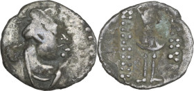 Yuezhi. Kujula Kadphises (50-90 AD). AR Obol, 'Heraus' type, uncertain mint in Tajikistan. Obv. Diademed and draped bust right. Rev. HIAOY KOΠΠANOY. '...
