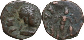 Kujula Kadphises (50-90 AD). 'Local Imitation' AE Tetradrachm, Kapisa-Pashkalavati, 40-60 AD. Obv. Bust right. Rev. Hercules standing facing holding c...