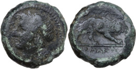 Anonymous. AE Litra. Campanian mint (?), after 283 BC. Obv. Female head left, with ribbon in hair. Rev. Lion walking right; in exergue, ROMANO. Cr. 16...