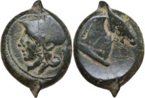 Anonymous. AE Litra or quartuncia (?), Campanian mint, 280-270 BC. Obv. Helmeted head of Minerva left. Rev. Head of horse right; behind, ROMANO. Cr. 1...
