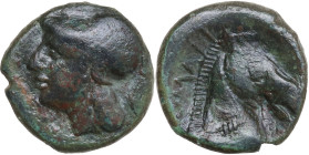 Anonymous. AE Litra or quartuncia (?), Campanian mint, 280-270 BC. Obv. Helmeted head of Minerva left. Rev. Head of horse right; behind, ROMANO. Cr. 1...