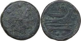 Anonymous semilibral series. AE Sextans, Campanian mint (Capua/Cales), 217-216 BC. Obv. Head of Mercury right; above, two pellets. Rev. Prow right; ab...