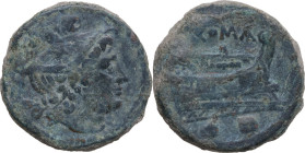 Anonymous semilibral series. AE Sextans, Campanian mint (Capua/Cales), 217-216 BC. Obv. Head of Mercury right; above, two pellets. Rev. Prow right; ab...